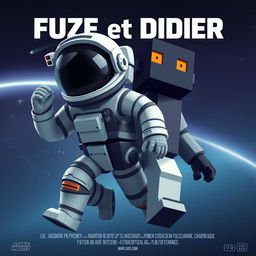 A movie poster in a cubic style, featuring an astronaut and an obsidian blockling with orange eyes