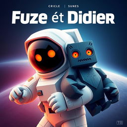 A movie poster in a cubic style, featuring an astronaut and an obsidian blockling with orange eyes