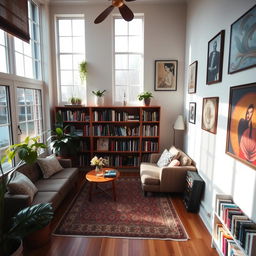 A cozy and well-decorated room with a comfortable sofa, a coffee table, and a bookshelf filled with books