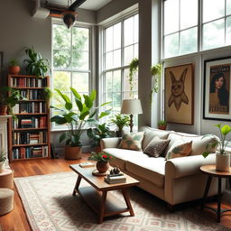 A cozy and well-decorated room with a comfortable sofa, a coffee table, and a bookshelf filled with books