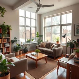 A cozy and well-decorated room with a comfortable sofa, a coffee table, and a bookshelf filled with books