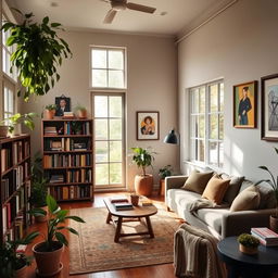 A cozy and well-decorated room with a comfortable sofa, a coffee table, and a bookshelf filled with books