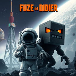 A movie poster in a cubic style, featuring an astronaut beside an obsidian blockling with orange eyes