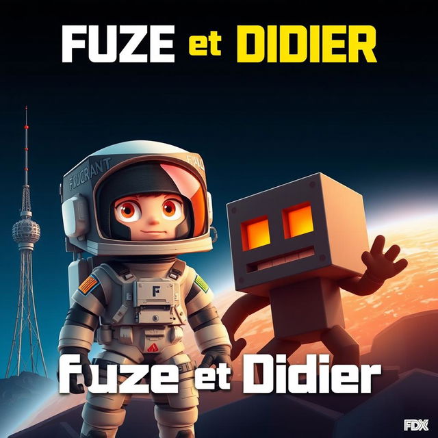 A movie poster in a cubic style, featuring an astronaut beside an obsidian blockling with orange eyes