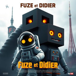 A movie poster in a cubic style, featuring an astronaut beside an obsidian blockling with orange eyes