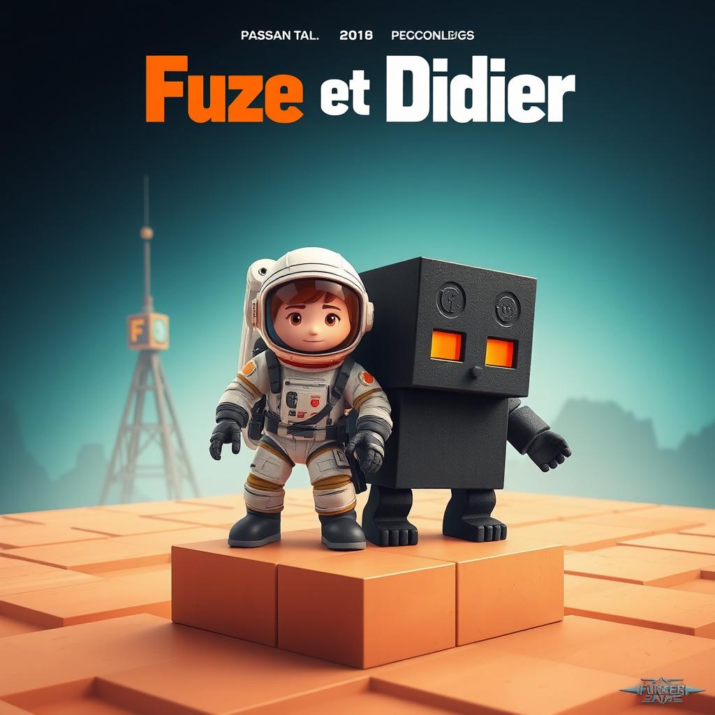 A movie poster in a cubic style, featuring a cubic ground, an astronaut beside an obsidian blockling with orange eyes