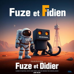 A movie poster in a cubic style, featuring a cubic ground, an astronaut beside an obsidian blockling with orange eyes