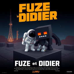 A movie poster in a cubic style, featuring a cubic ground, an astronaut beside an obsidian blockling with orange eyes