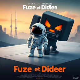 A movie poster in a cubic style, featuring a cubic ground, an astronaut beside an obsidian blockling with orange eyes