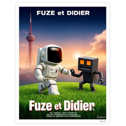 A movie poster in a cubic style, featuring a cubic grass ground, an astronaut with a cubic body, and an obsidian blockling with orange eyes