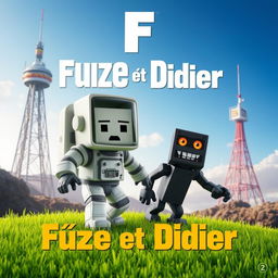 A movie poster in a cubic style, featuring a cubic grass ground, an astronaut with a cubic body, and an obsidian blockling with orange eyes