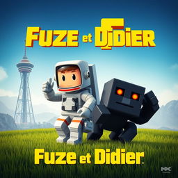 A movie poster in a cubic style, featuring a cubic grass ground, an astronaut with a cubic body, and an obsidian blockling with orange eyes