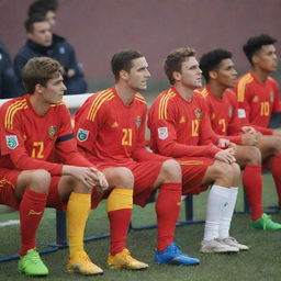 A group of soccer players dressed in colorful uniforms, sitting on the sideline benches, eagerly watching the ongoing match.