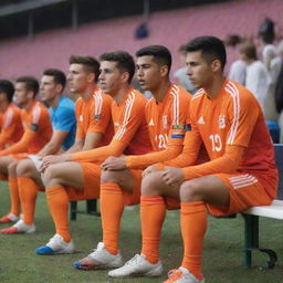 A group of soccer players dressed in colorful uniforms, sitting on the sideline benches, eagerly watching the ongoing match.