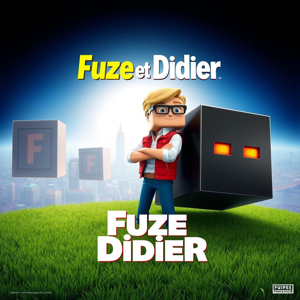 A movie poster in a cubic style, featuring a cubic grass ground