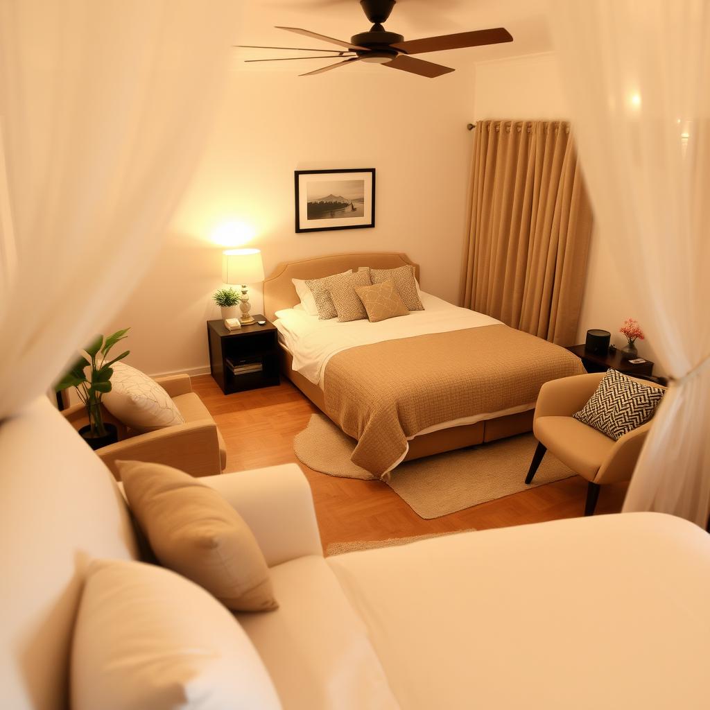 A cozy and well-decorated bedroom with a comfortable bed, soft lighting, and stylish furniture