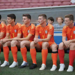 A group of soccer players dressed in colorful uniforms, sitting on the sideline benches, eagerly watching the ongoing match.