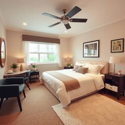 A cozy and well-decorated bedroom with a comfortable bed, soft lighting, and stylish furniture