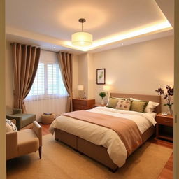 A cozy and well-decorated bedroom with a comfortable bed, soft lighting, and stylish furniture