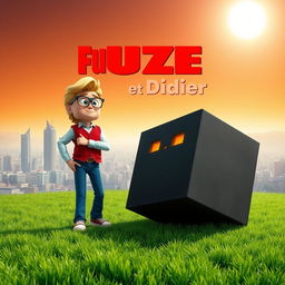 A movie poster in a cubic style, featuring a cubic grass ground