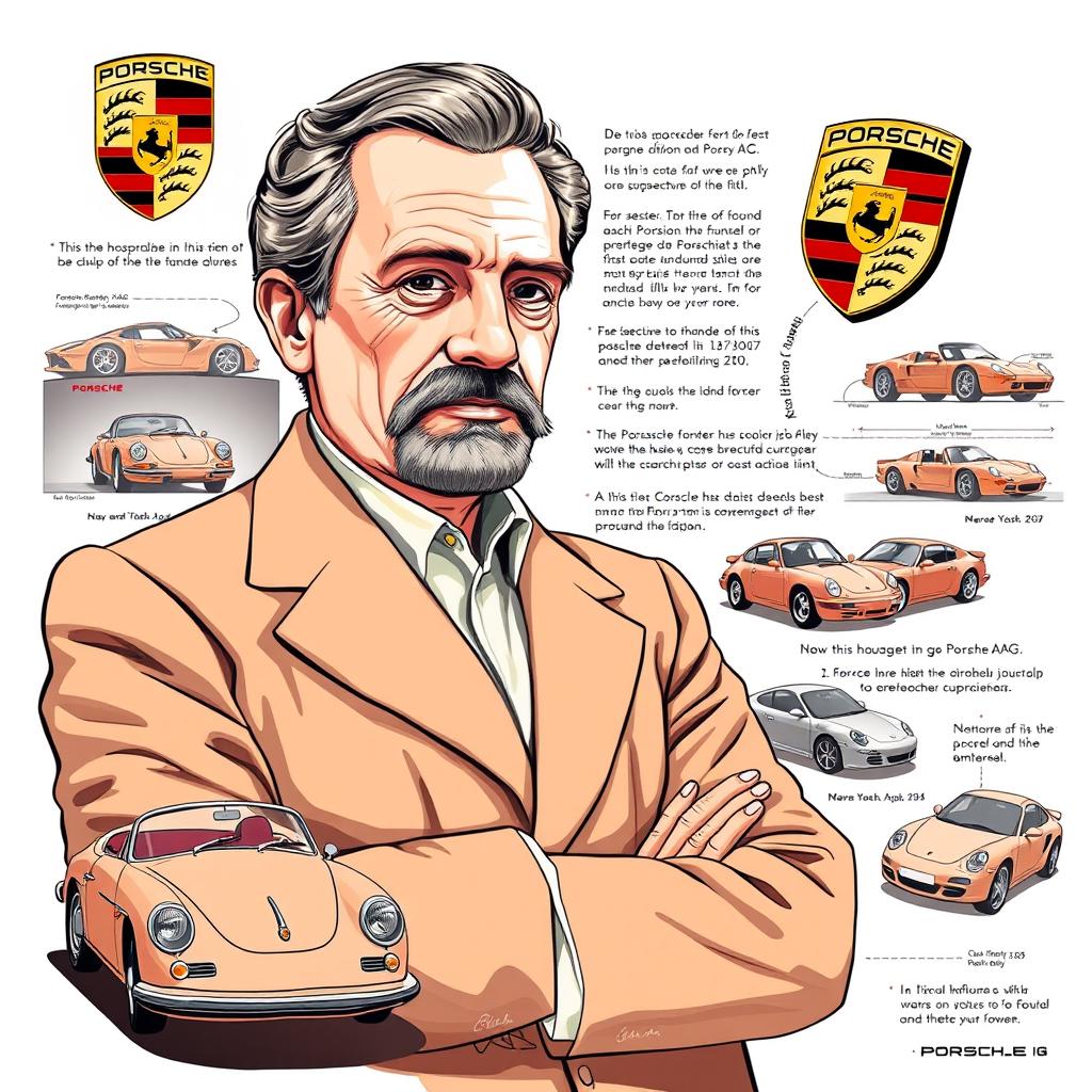 A detailed illustration of Ferdinand Porsche, the founder of Porsche AG, highlighting his journey in the automotive industry