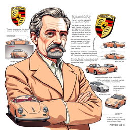 A detailed illustration of Ferdinand Porsche, the founder of Porsche AG, highlighting his journey in the automotive industry