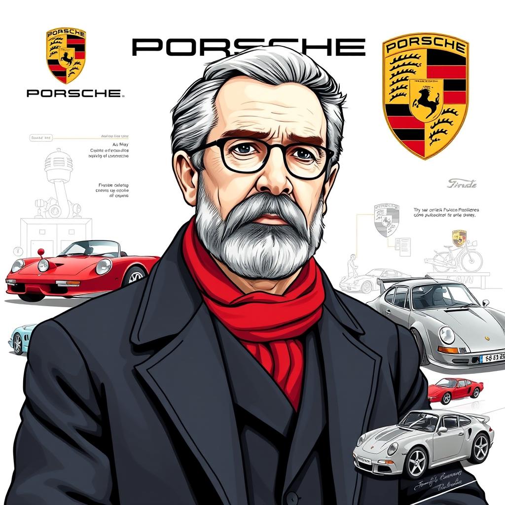 A detailed illustration of Ferdinand Porsche, the founder of Porsche AG, highlighting his journey in the automotive industry