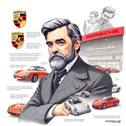 A detailed illustration of Ferdinand Porsche, the founder of Porsche AG, highlighting his journey in the automotive industry