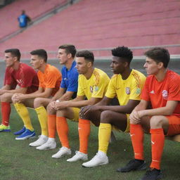 A group of soccer players dressed in colorful uniforms, sitting on the sideline benches, eagerly watching the ongoing match.