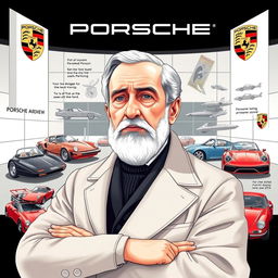 A detailed illustration of Ferdinand Porsche, the founder of Porsche AG, highlighting his journey in the automotive industry