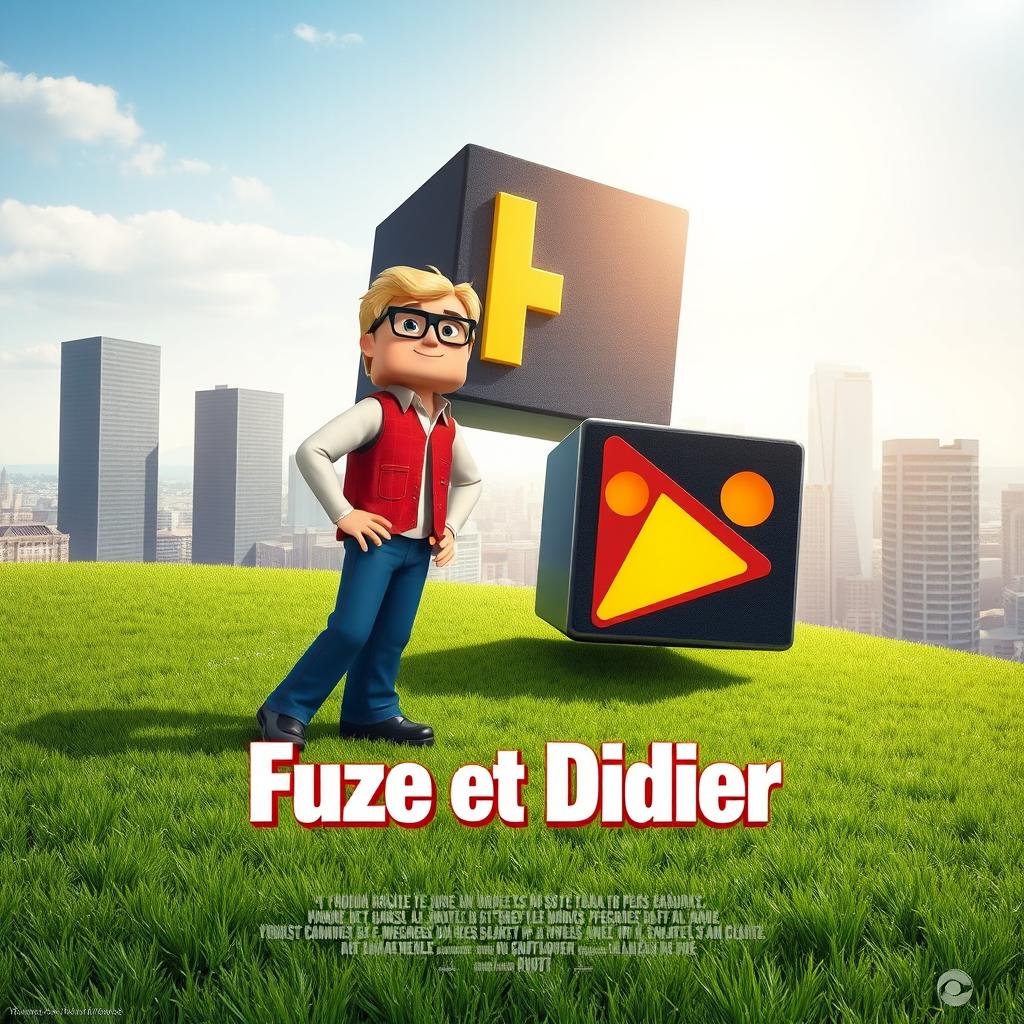 A movie poster in a cubic style, featuring a cubic grass ground