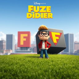 An animation movie poster in a cubic style, featuring a cubic grass ground