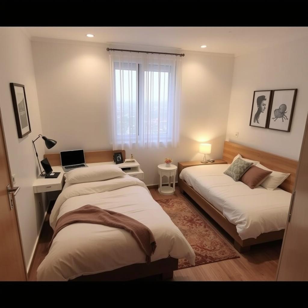 A cozy two-bed bedroom setup in a room measuring 3 meters by 4 meters