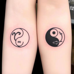 A pair of matching tattoos based on the yin-yang symbol, with each person receiving one half of the design