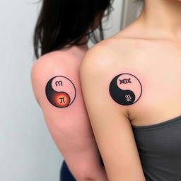 A pair of matching tattoos based on the yin-yang symbol, with each person receiving one half of the design