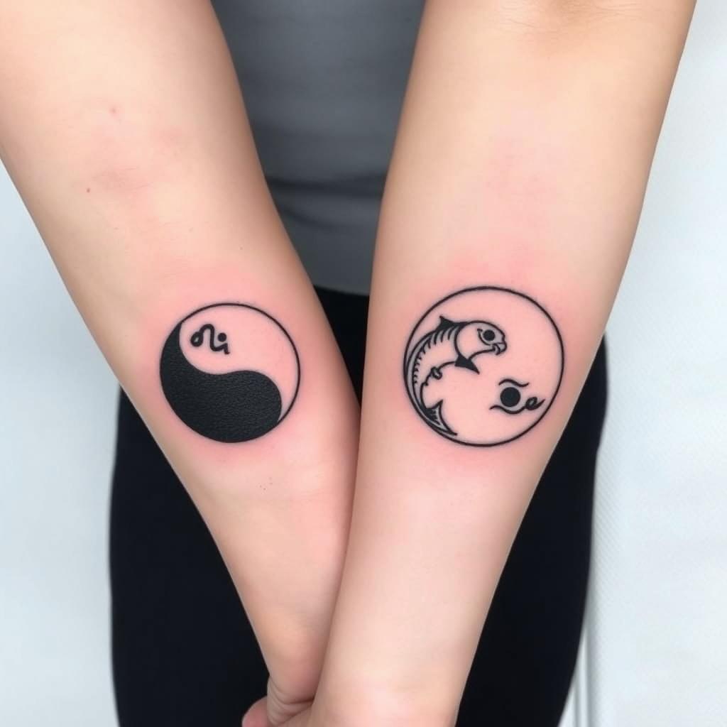 A pair of matching tattoos based on the yin-yang symbol, with each person receiving one half of the design