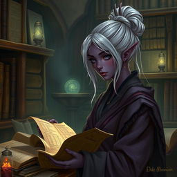 A Dark Elven librarian apprentice in a mystical library filled with ancient tomes and glowing artifacts