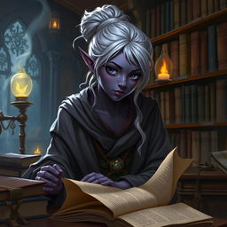 A Dark Elven librarian apprentice in a mystical library filled with ancient tomes and glowing artifacts