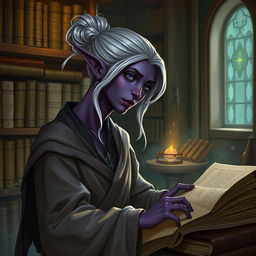 A Dark Elven librarian apprentice in a mystical library filled with ancient tomes and glowing artifacts