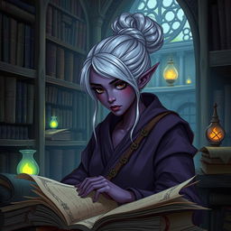 A Dark Elven librarian apprentice in a mystical library filled with ancient tomes and glowing artifacts