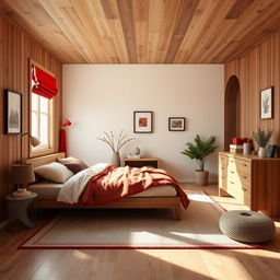 Diseña un interior de una habitación acogedora con suelos y paredes de madera