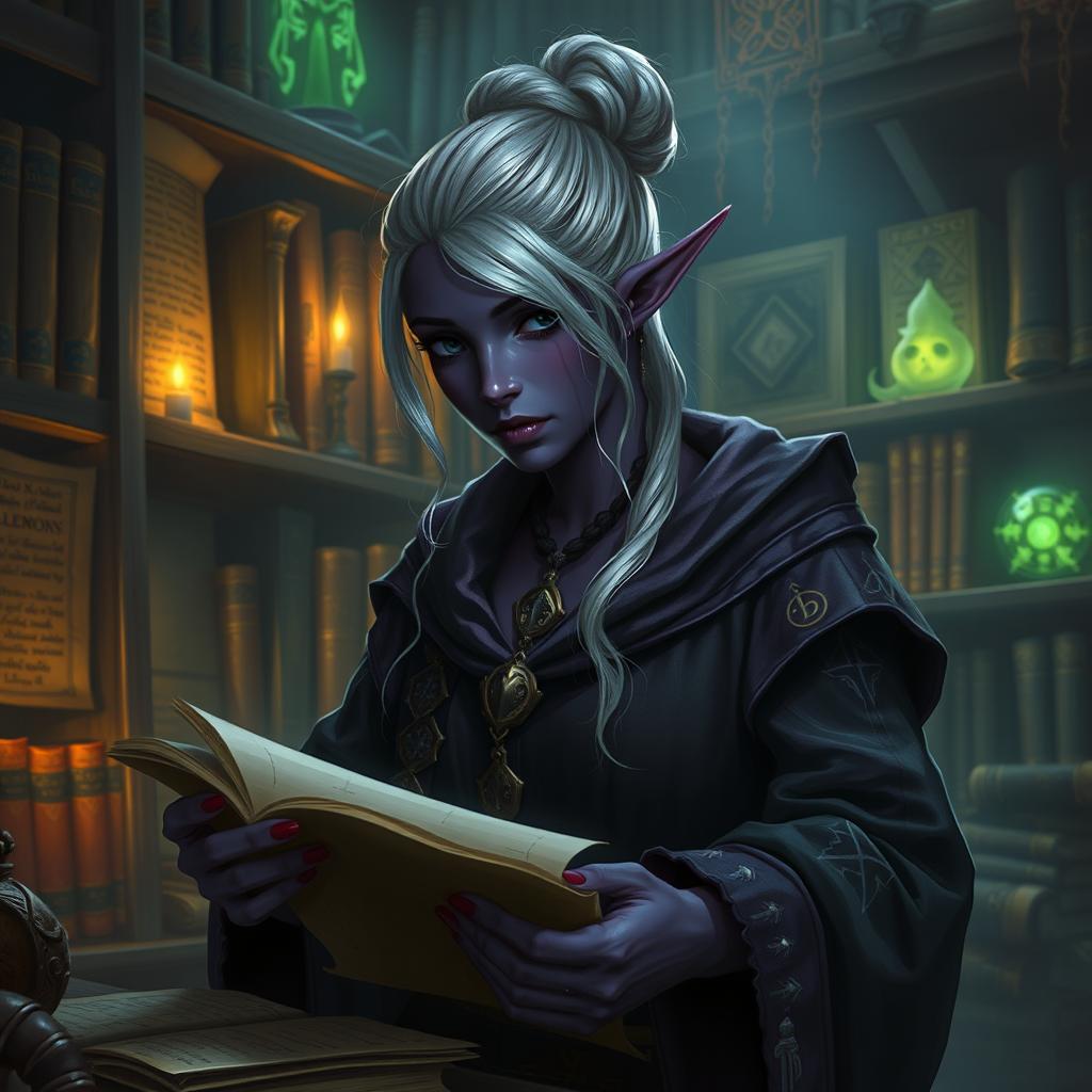 A Dark Elven necromancer librarian apprentice in a dimly lit, mystical library filled with ancient, forbidden tomes and glowing, eerie artifacts