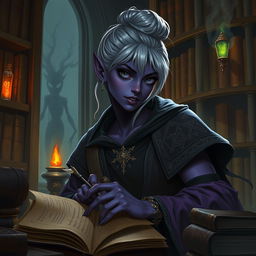 A Dark Elven necromancer librarian apprentice in a dimly lit, mystical library filled with ancient, forbidden tomes and glowing, eerie artifacts