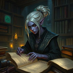 A Dark Elven necromancer librarian apprentice in a dimly lit, mystical library filled with ancient, forbidden tomes and glowing, eerie artifacts