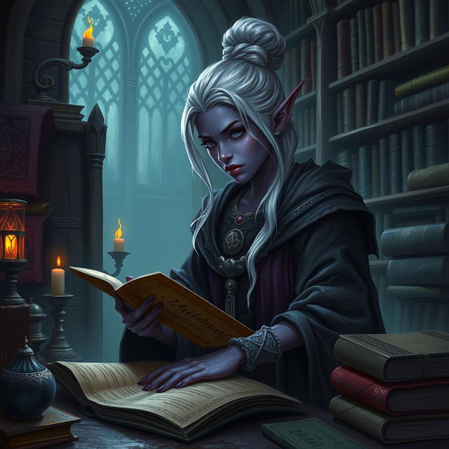 A Dark Elven necromancer librarian apprentice in a dimly lit, mystical library filled with ancient, forbidden tomes and glowing, eerie artifacts