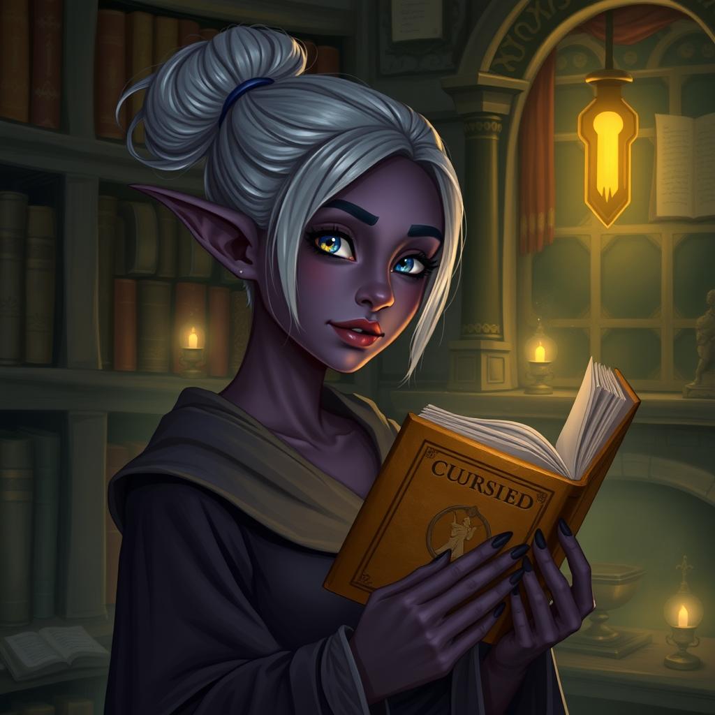 A Dark Elven librarian apprentice in a mystical library filled with ancient tomes and glowing artifacts