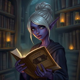 A Dark Elven librarian apprentice in a mystical library filled with ancient tomes and glowing artifacts