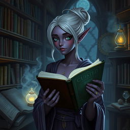 A Dark Elven librarian apprentice in a mystical library filled with ancient tomes and glowing artifacts