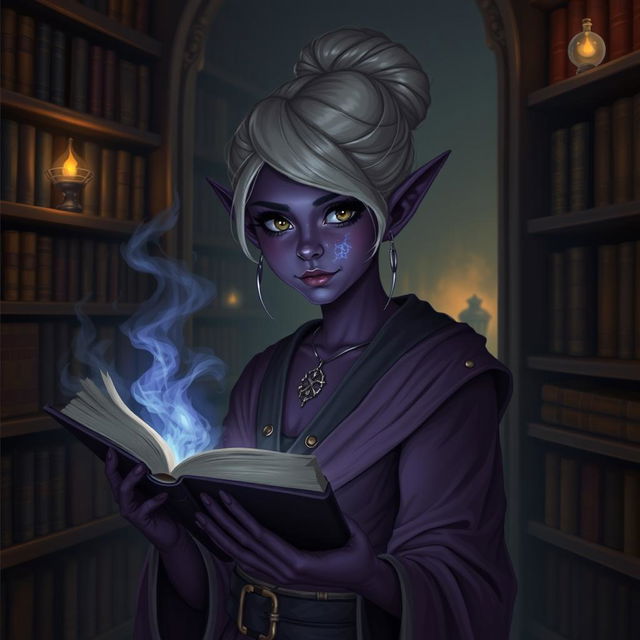 A Dark Elven librarian apprentice in a mystical library filled with ancient tomes and glowing artifacts