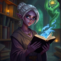 A Dark Elven librarian apprentice in a mystical library filled with ancient tomes and glowing artifacts